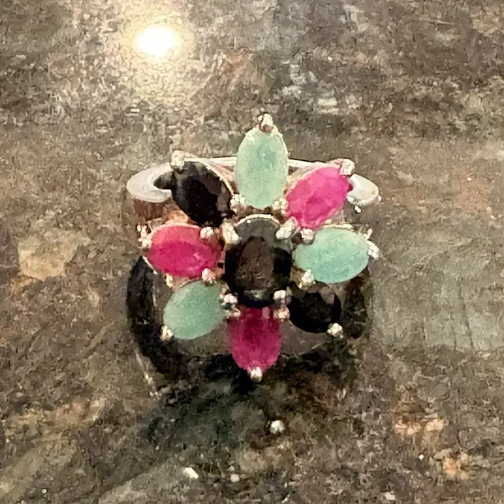 Sterling Silver, Sapphire, Emerald and Ruby Flower Ring Size 6.5 Vintage